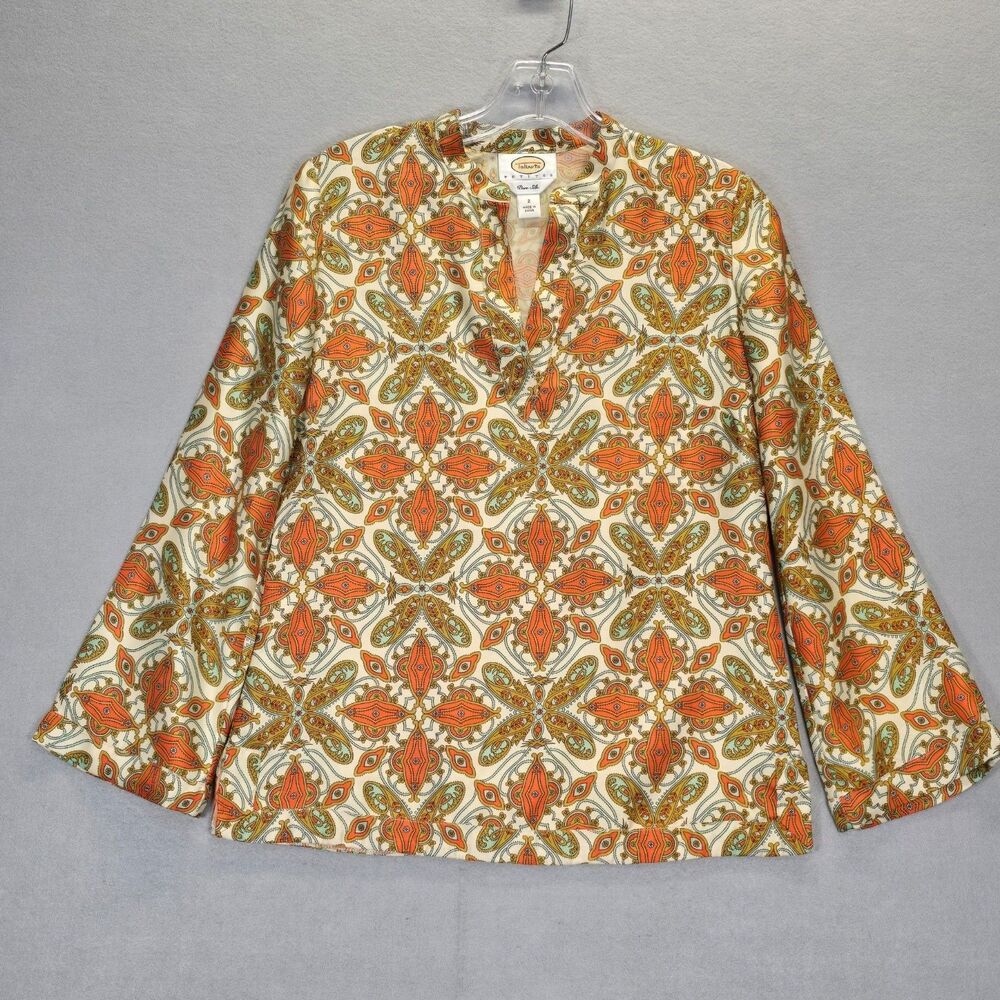 Talbots Shirt Women Petites 2P Cream Orange Pure Silk Paisley Blouse 100% Silk